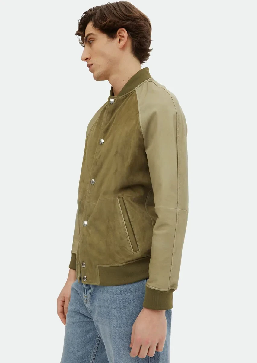Haki Regular Fit Dik Yaka Casual Süet Deri Mont - 4