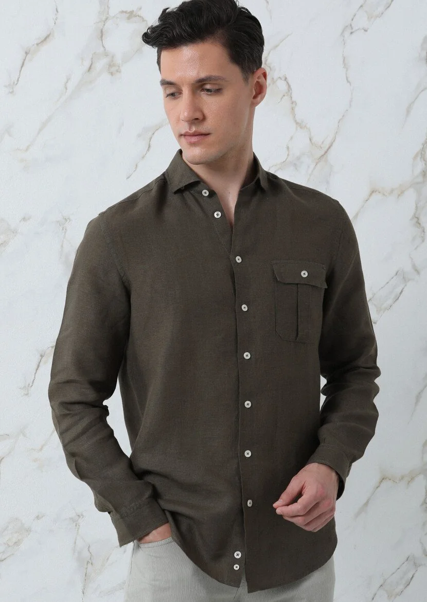 Haki Regular Fit Dokuma Casual %100 Keten Gömlek - 1