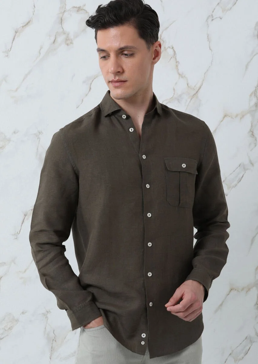 Haki Regular Fit Dokuma Casual %100 Keten Gömlek - 1