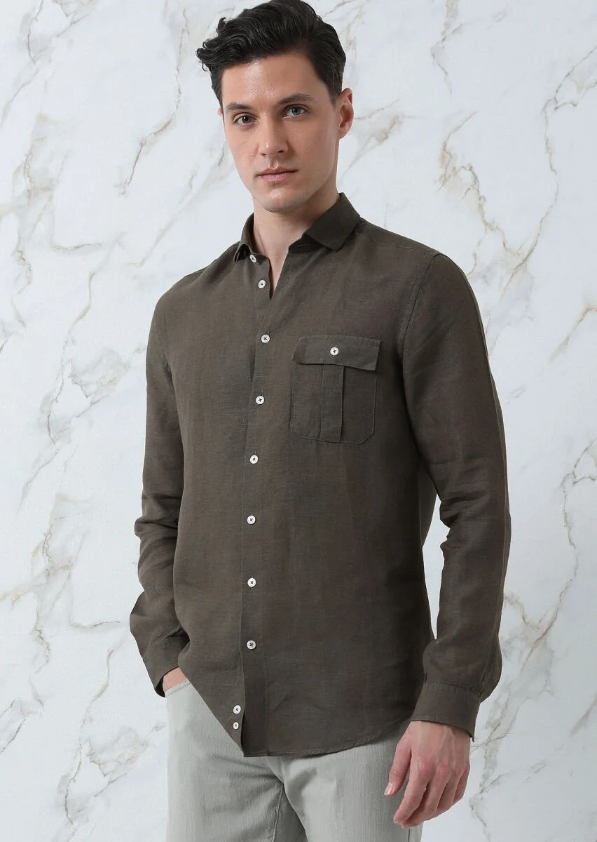 Haki Regular Fit Dokuma Casual %100 Keten Gömlek - 2