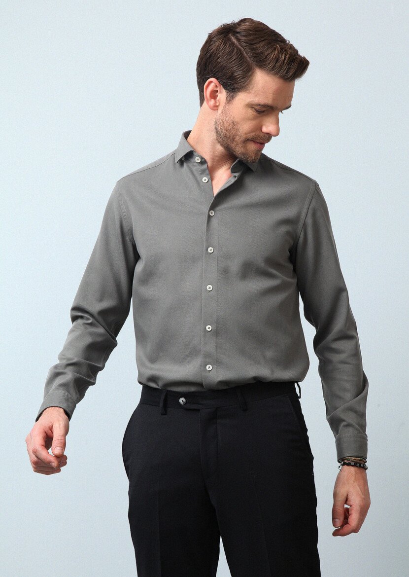 Haki Regular Fit Dokuma Casual Pamuk Karışımlı Gömlek - 3