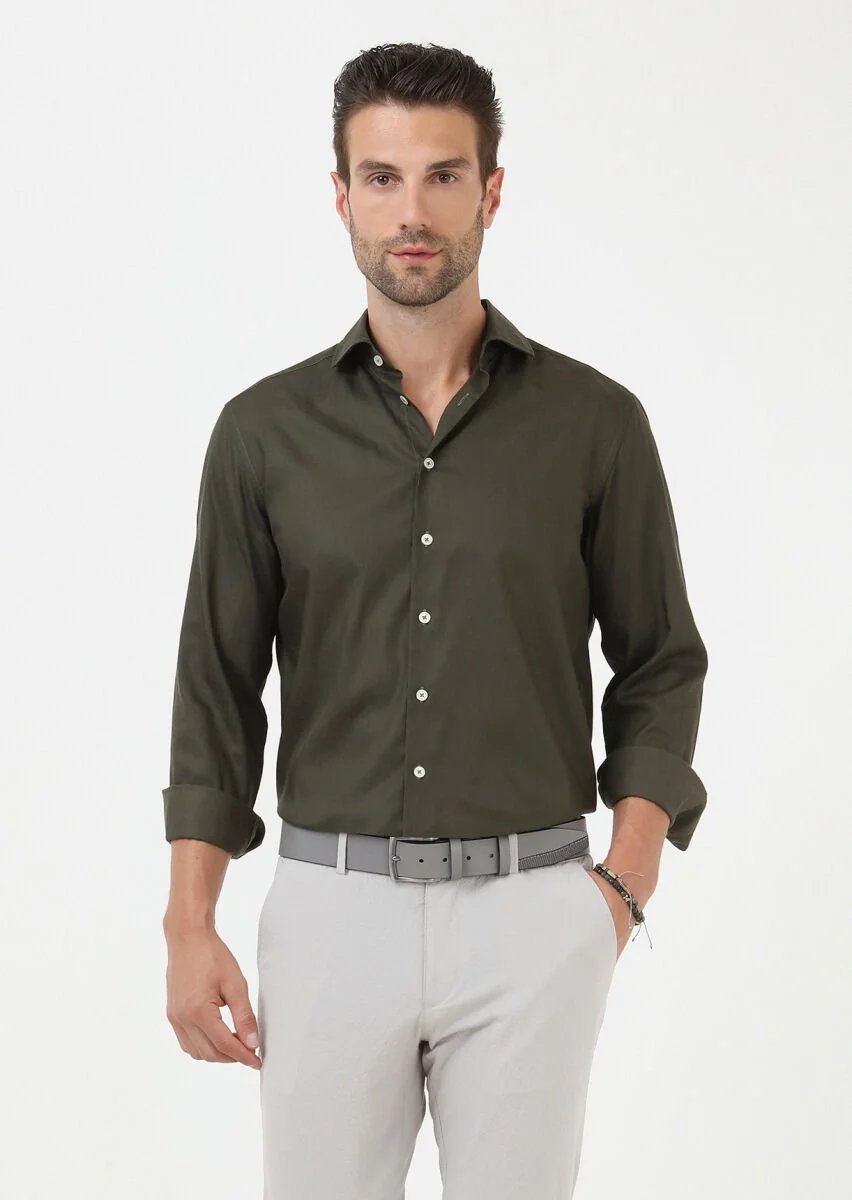 Haki Regular Fit Dokuma Casual Pamuk Karışımlı Gömlek - 2