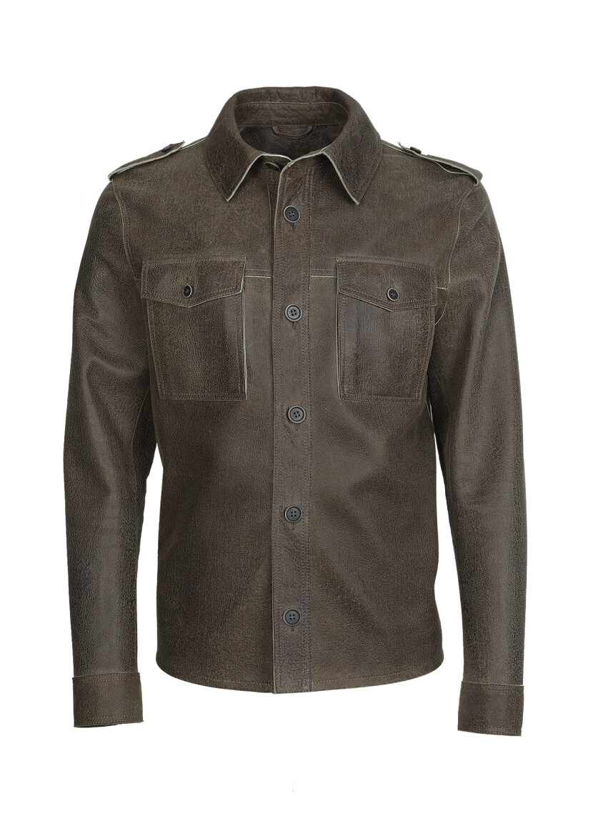 Haki Regular Fit Gömlek Yaka Casual Deri Deri Mont - 6