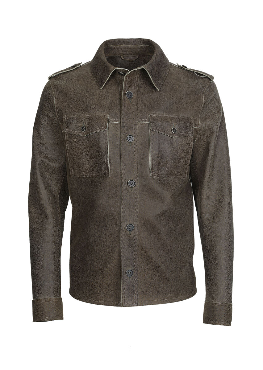 Haki Regular Fit Gömlek Yaka Casual Deri Deri Mont - 6