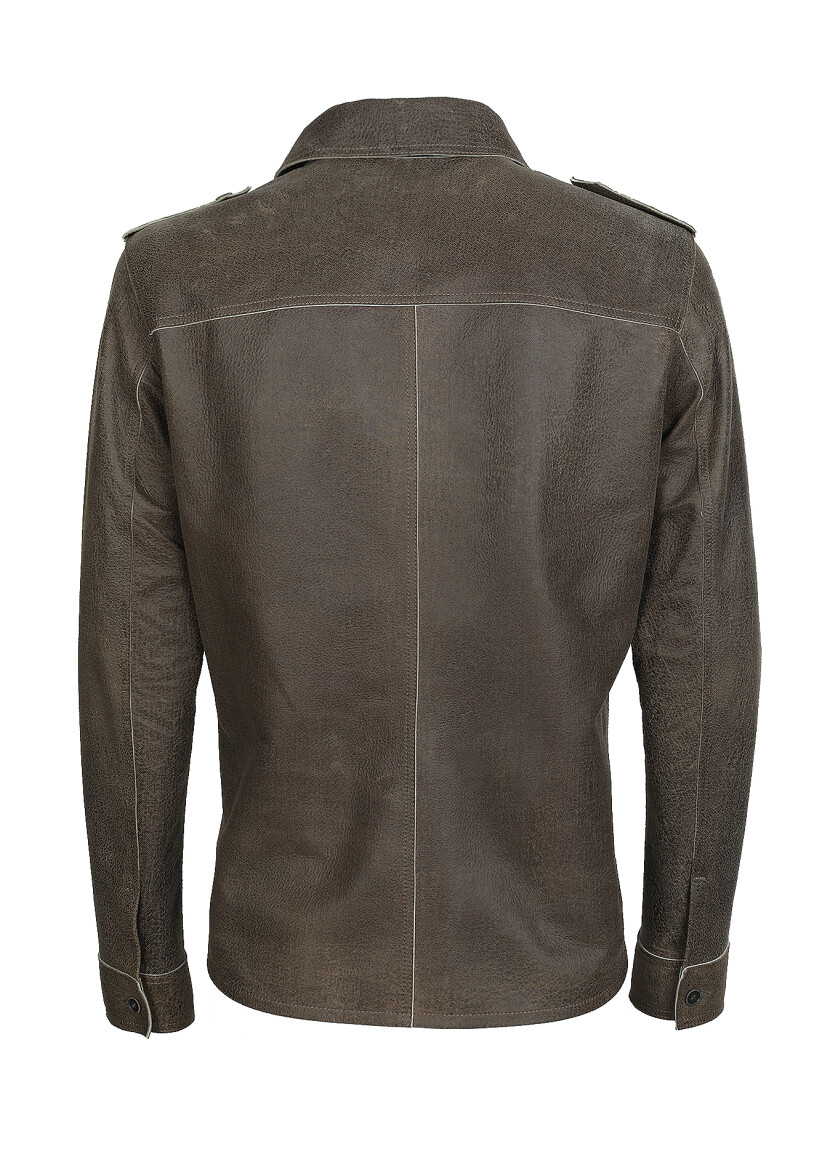 Haki Regular Fit Gömlek Yaka Casual Deri Deri Mont - 7
