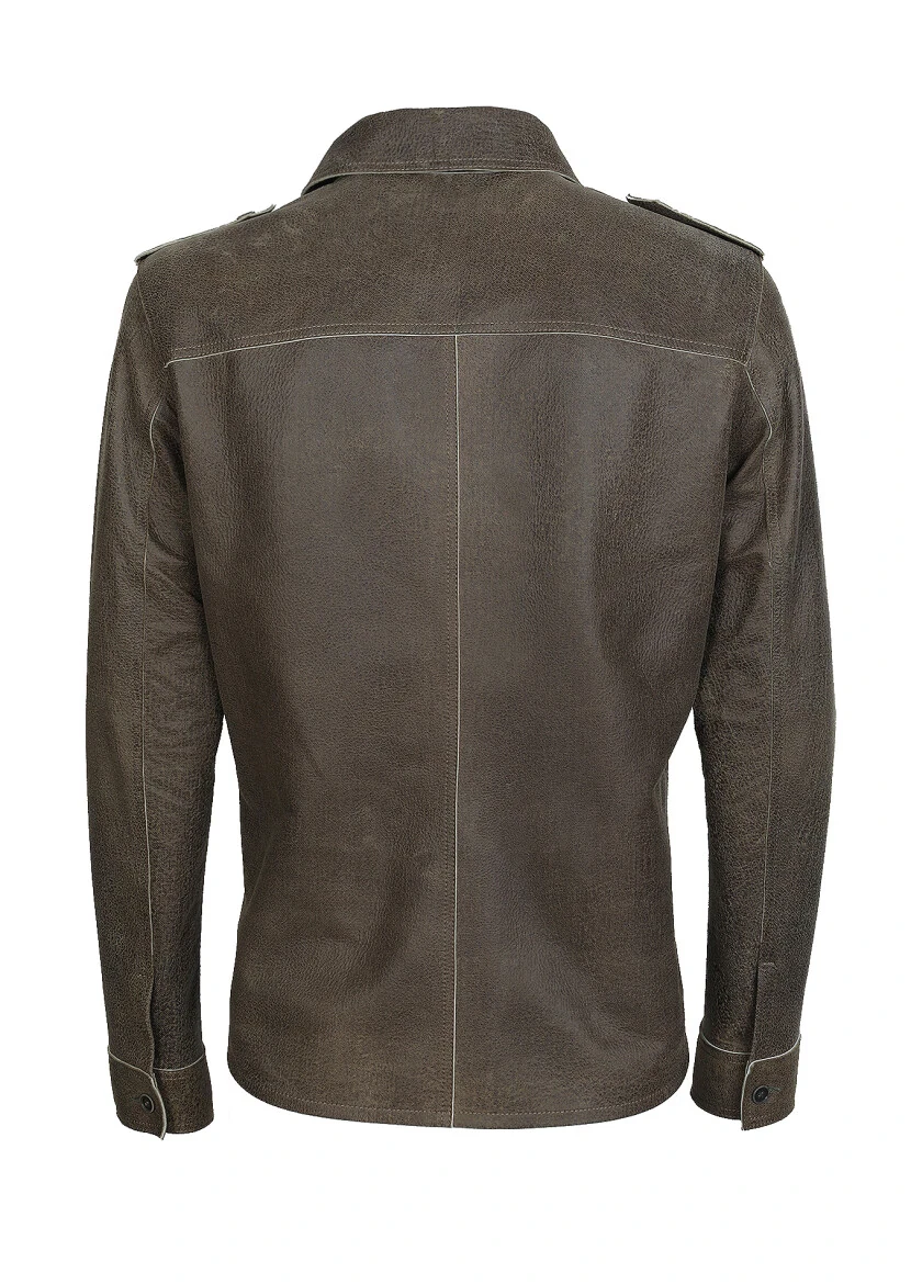 Haki Regular Fit Gömlek Yaka Casual Deri Deri Mont - 7