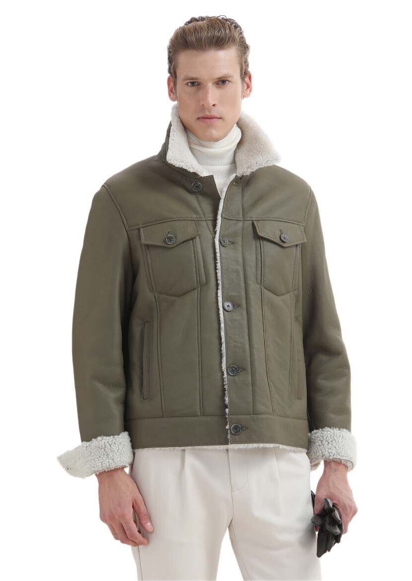 Haki Regular Fit Gömlek Yaka Casual Kürk Deri Mont - 1