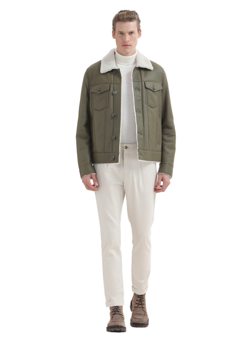 Haki Regular Fit Gömlek Yaka Casual Kürk Deri Mont - 2