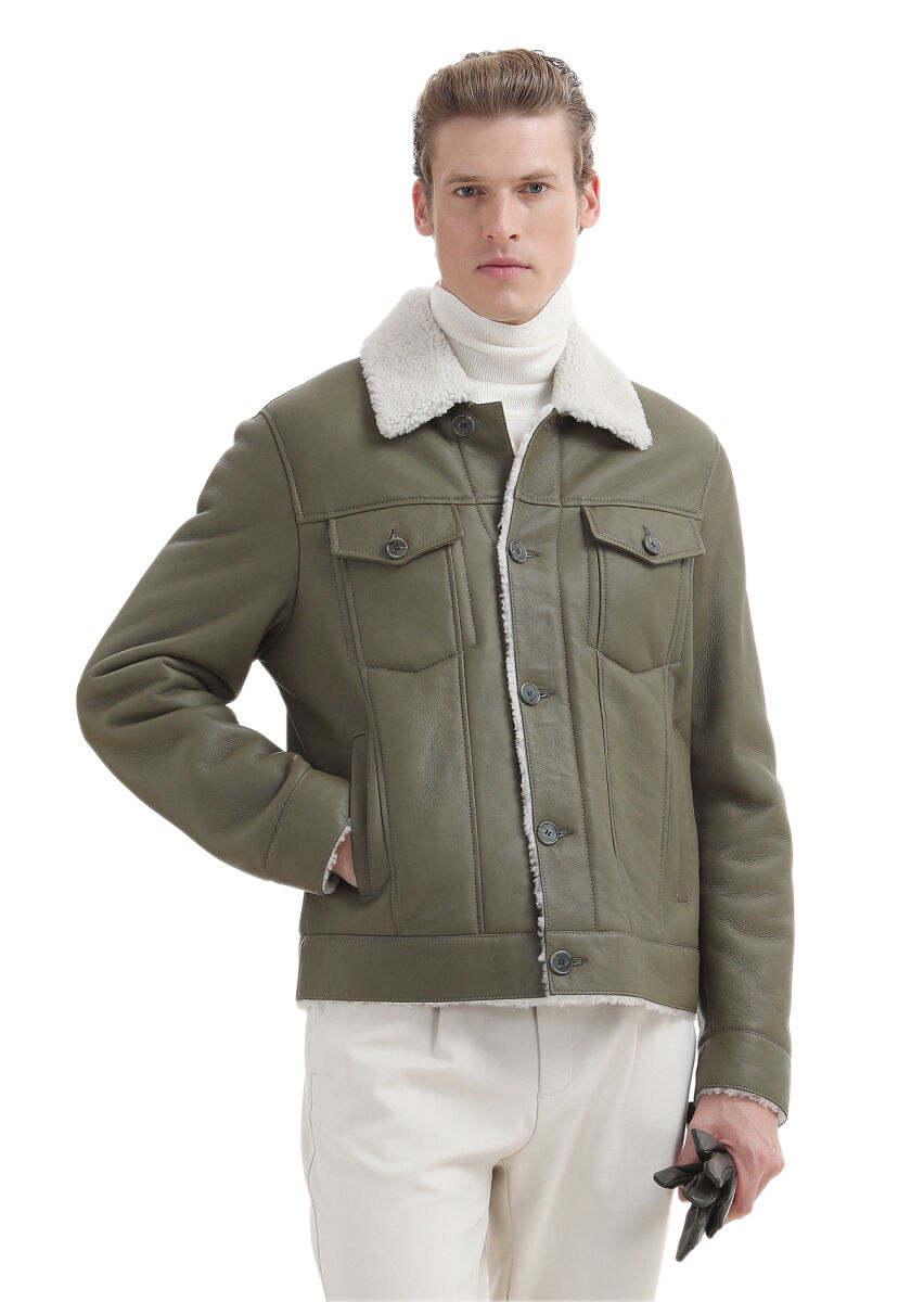 Haki Regular Fit Gömlek Yaka Casual Kürk Deri Mont - 3