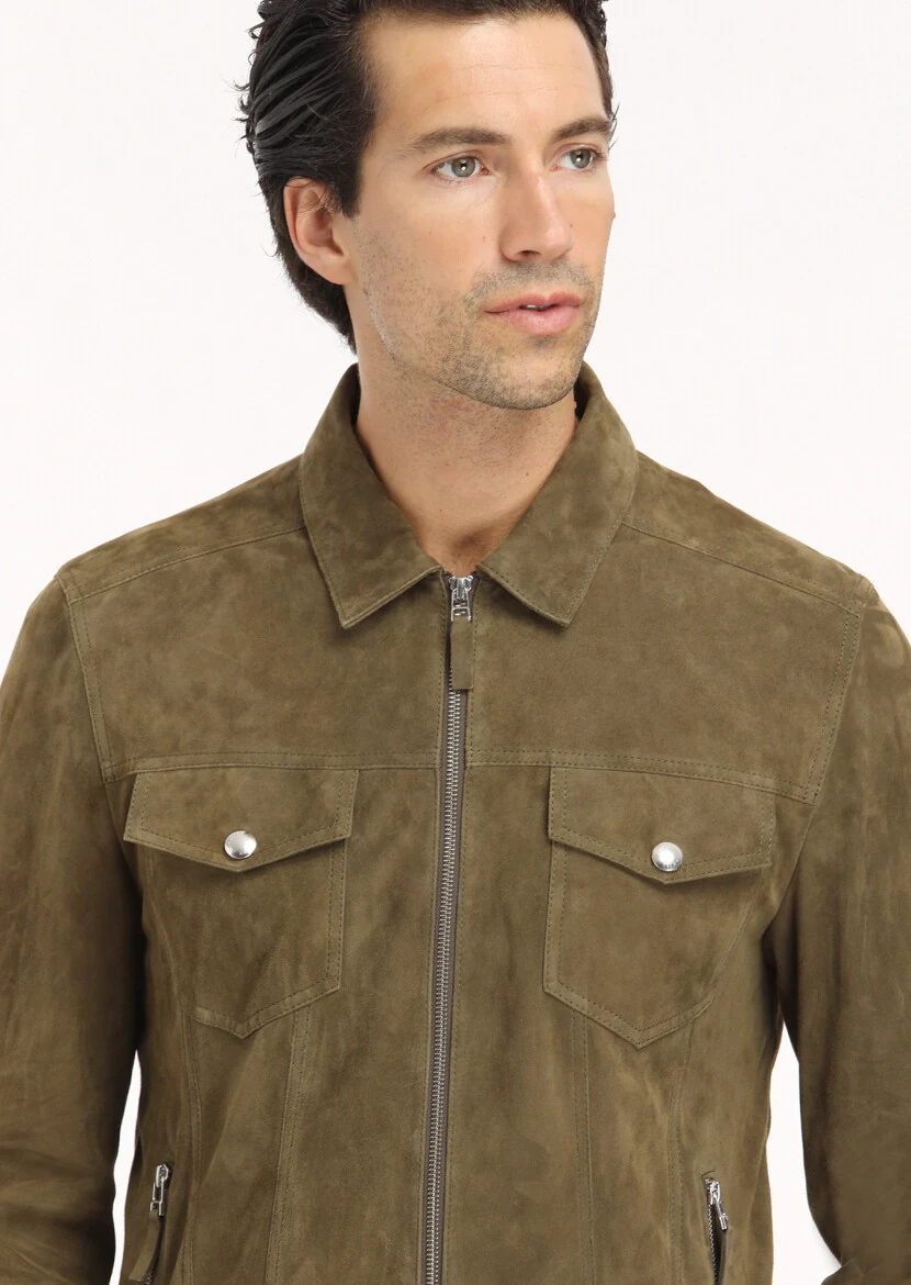 Haki Regular Fit Gömlek Yaka Casual Süet Deri Mont - 3