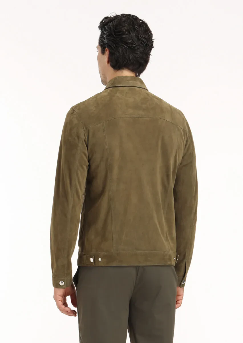 Haki Regular Fit Gömlek Yaka Casual Süet Deri Mont - 5