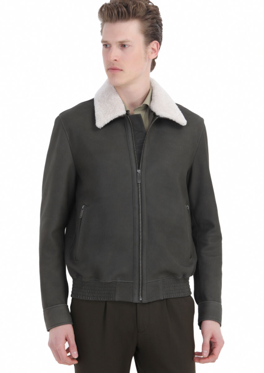 Haki Regular Fit Gömlek Yaka Casual Süet Deri Mont - 4