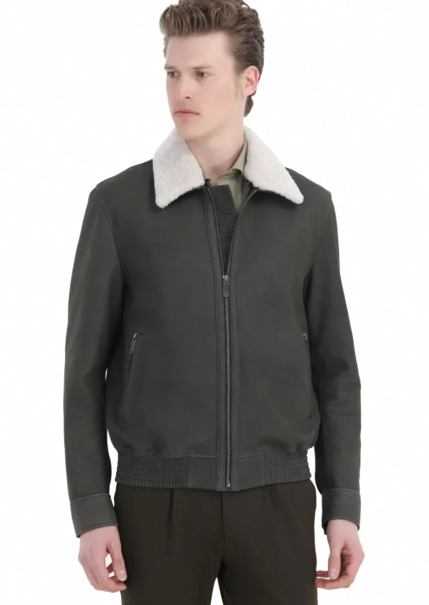 Haki Regular Fit Gömlek Yaka Casual Süet Deri Mont - 4