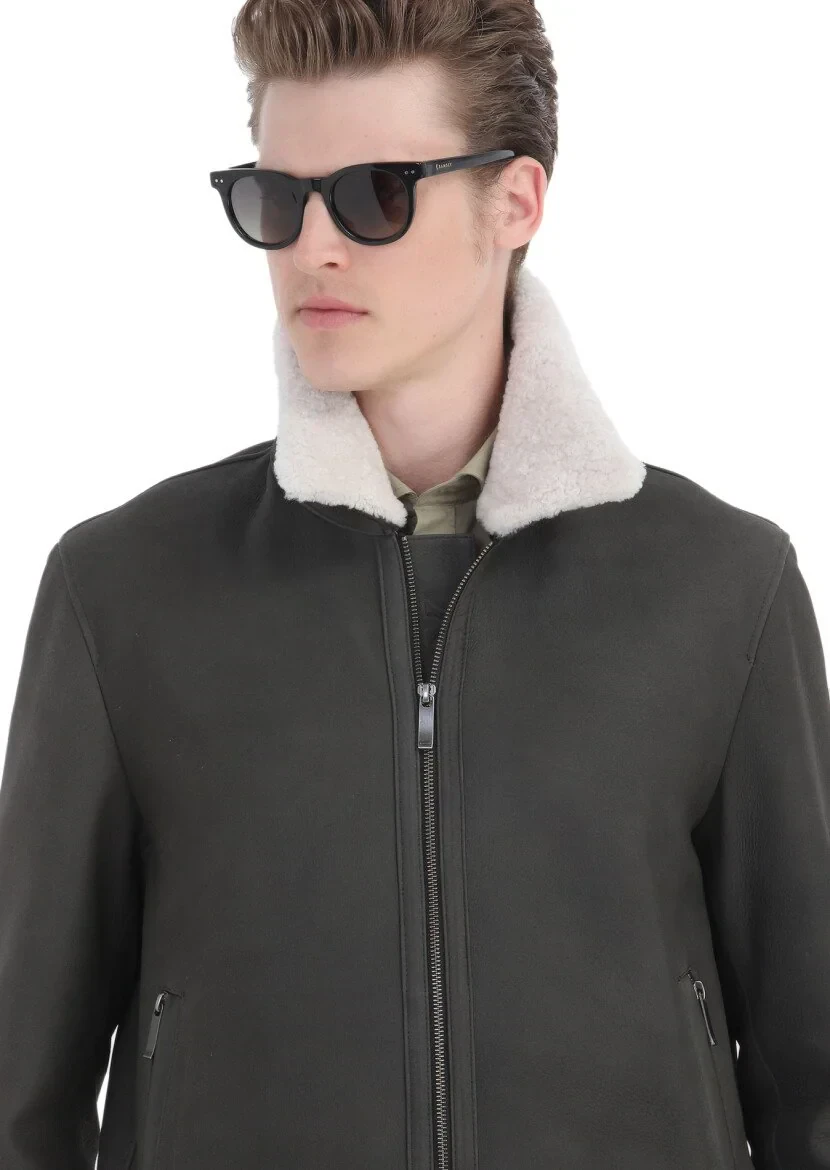 Haki Regular Fit Gömlek Yaka Casual Süet Deri Mont - 5
