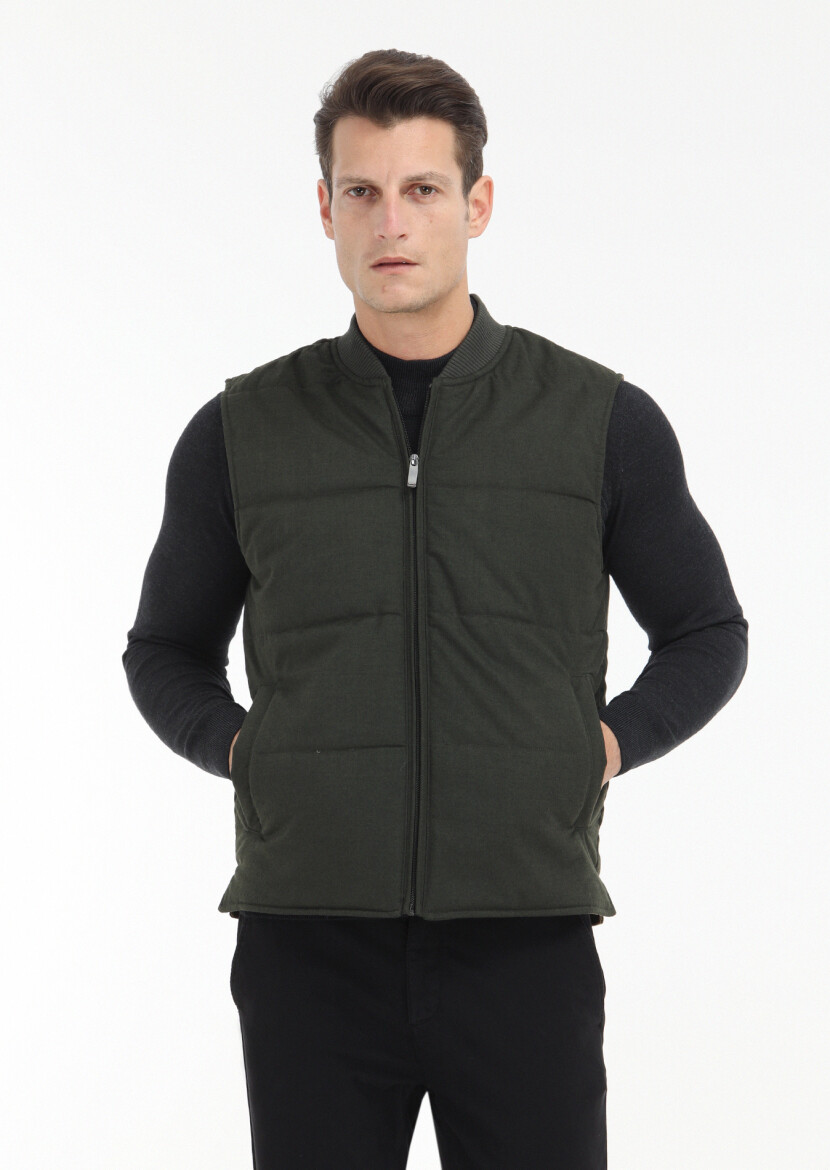 Haki Regular Fit Hakim Yaka Casual Dokuma Spor Yelek 