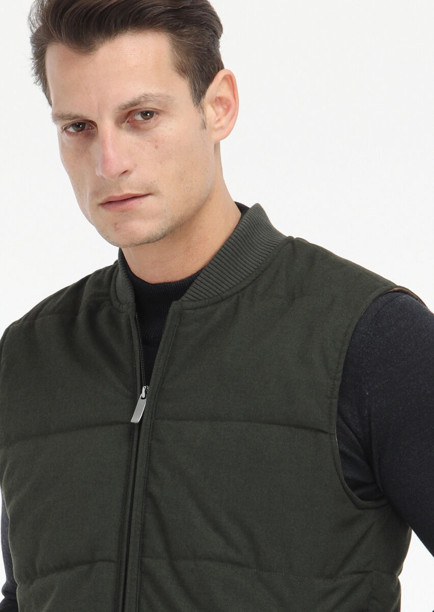 Haki Regular Fit Hakim Yaka Casual Dokuma Spor Yelek - 3
