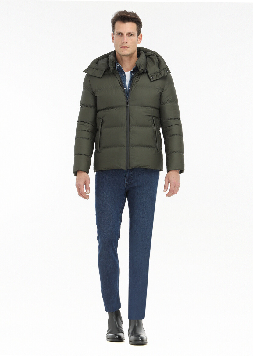 Haki Regular Fit Kapüşonlu Casual Dokuma Mont - 1