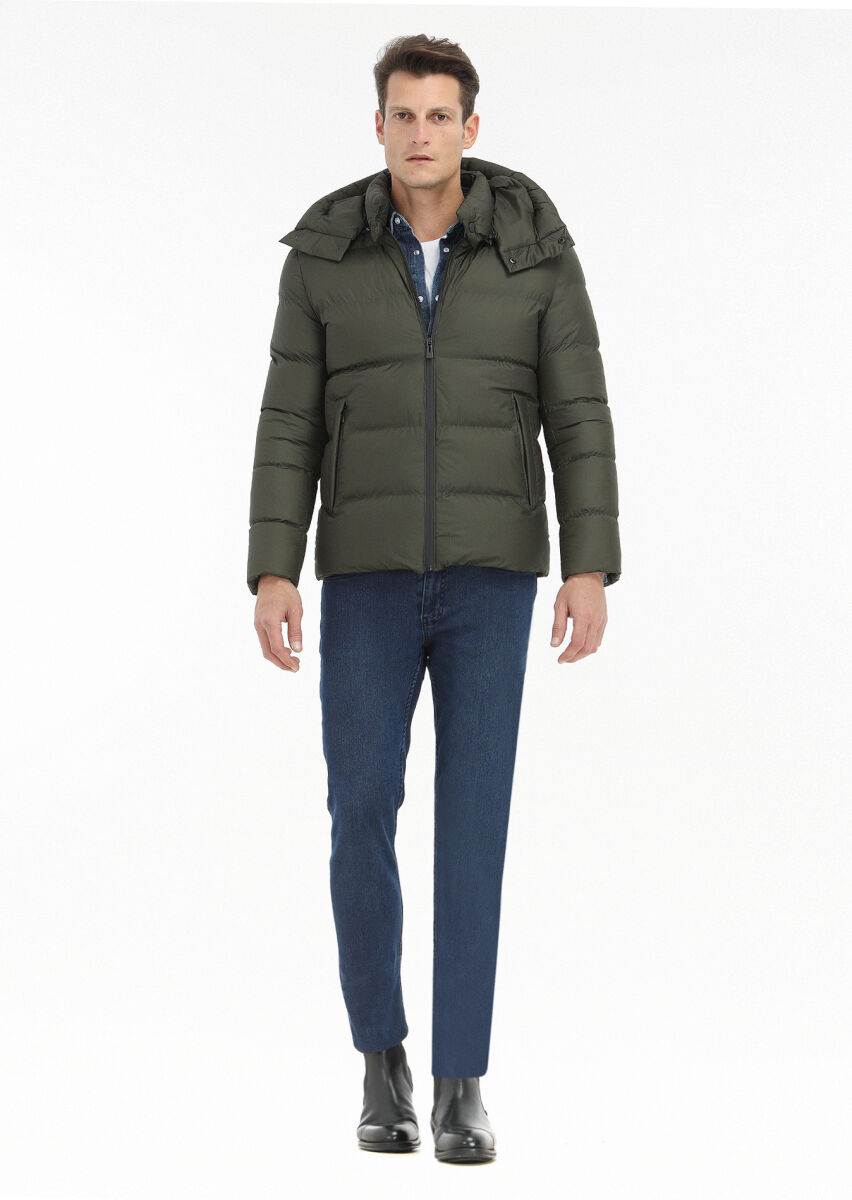 Haki Regular Fit Kapüşonlu Casual Dokuma Mont - 1