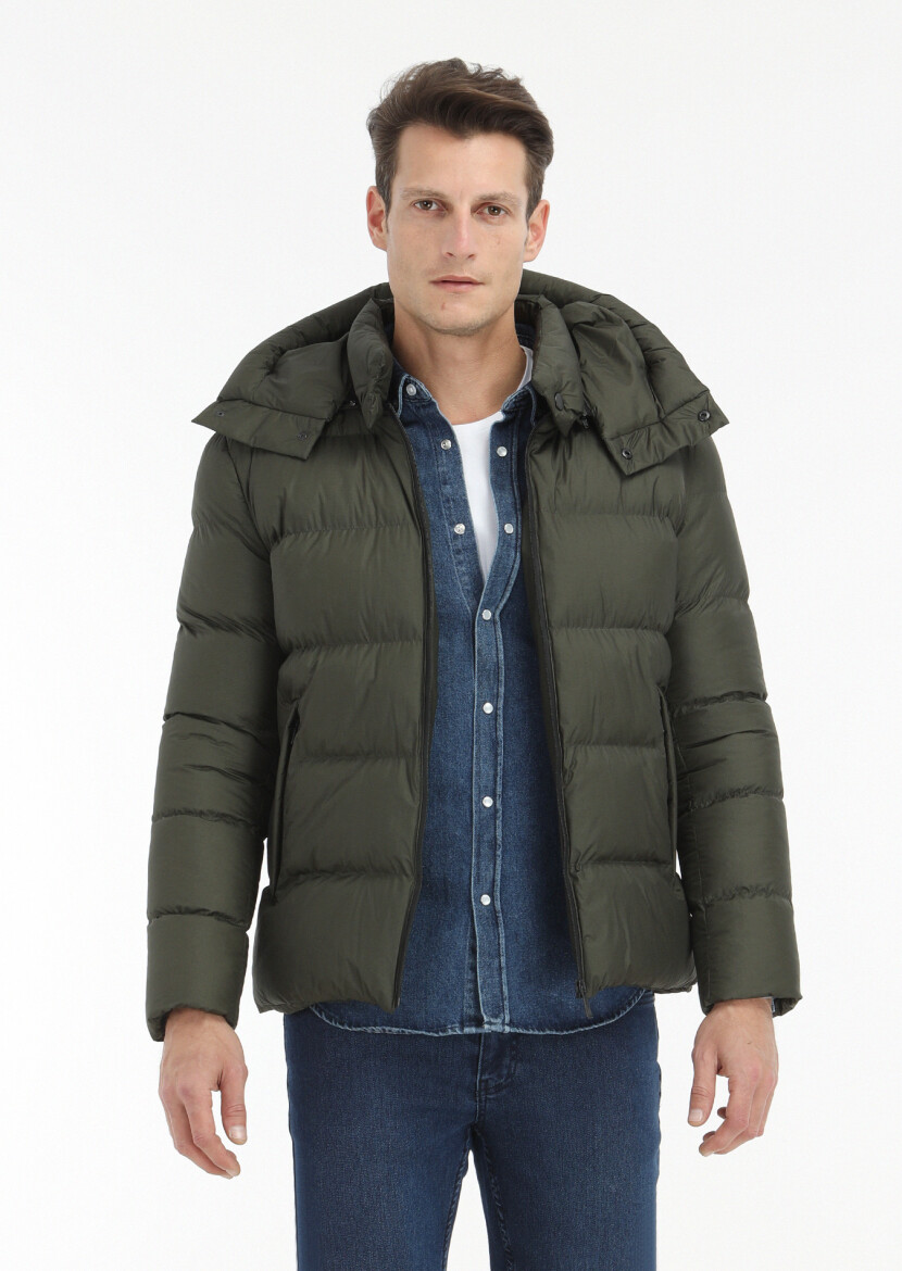 Haki Regular Fit Kapüşonlu Casual Dokuma Mont 