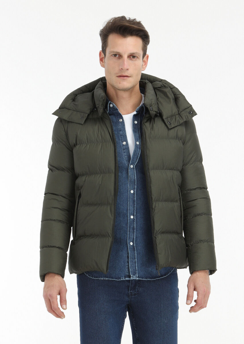 Haki Regular Fit Kapüşonlu Casual Dokuma Mont - 2