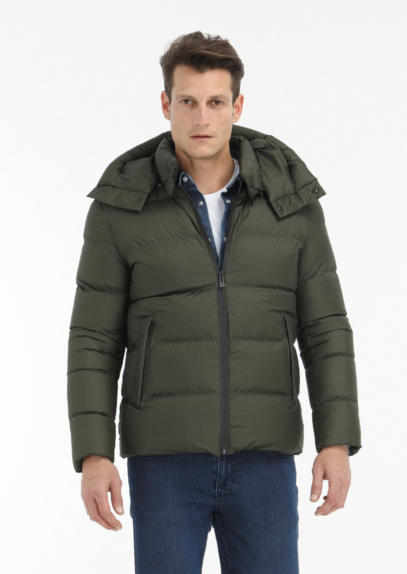 Haki Regular Fit Kapüşonlu Casual Dokuma Mont - 3