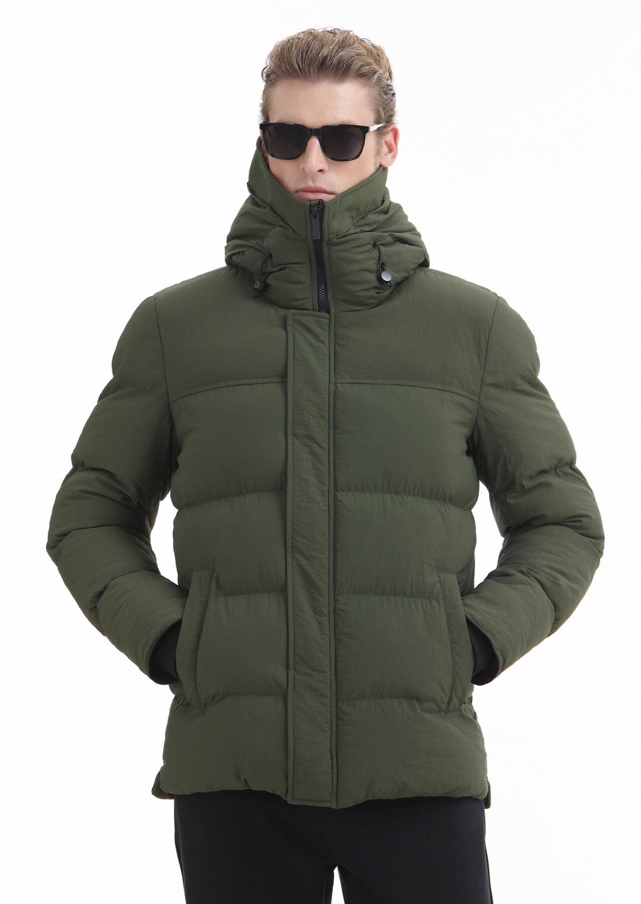 Haki Regular Fit Kapüşonlu Casual Dokuma Mont