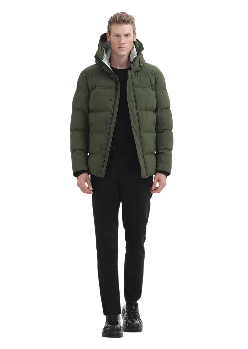 Haki Regular Fit Kapüşonlu Casual Dokuma Mont - 2