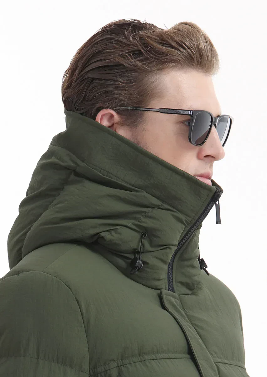 Haki Regular Fit Kapüşonlu Casual Dokuma Mont - 4