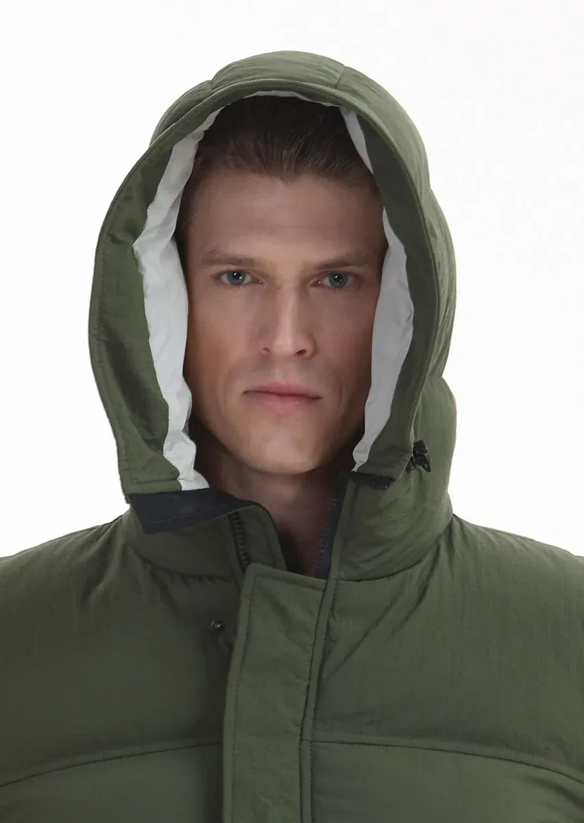 Haki Regular Fit Kapüşonlu Casual Dokuma Mont - 5