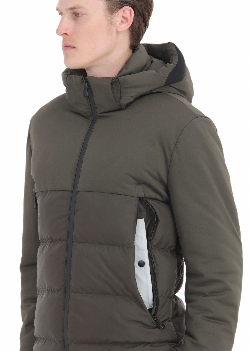 Haki Regular Fit Kapüşonlu Casual Dokuma Mont - 5