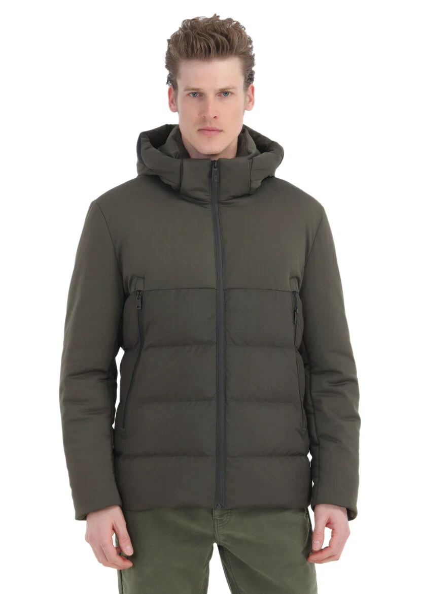 Haki Regular Fit Kapüşonlu Casual Dokuma Mont - 1