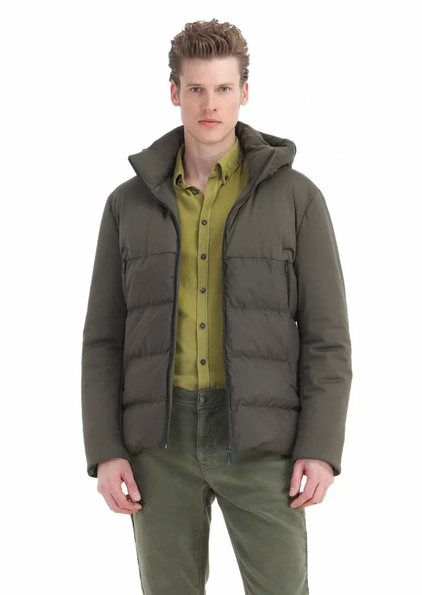 Haki Regular Fit Kapüşonlu Casual Dokuma Mont - 3