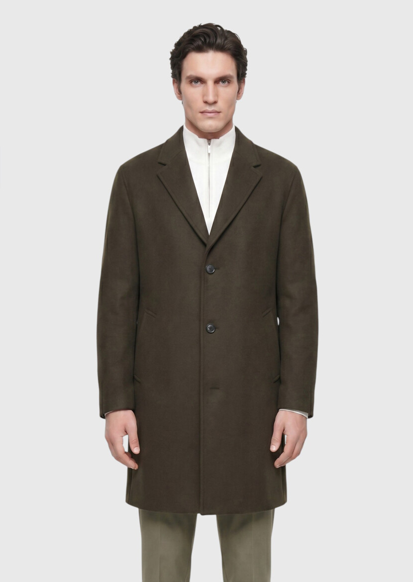 Haki Regular Fit Kelebek Yaka Klasik Dokuma Palto - 3