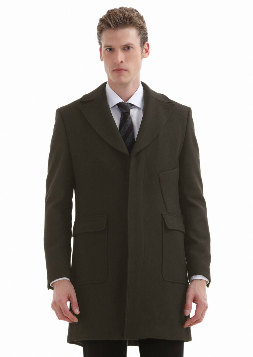 Haki Regular Fit Kruvaze Yaka Casual Dokuma Palto 