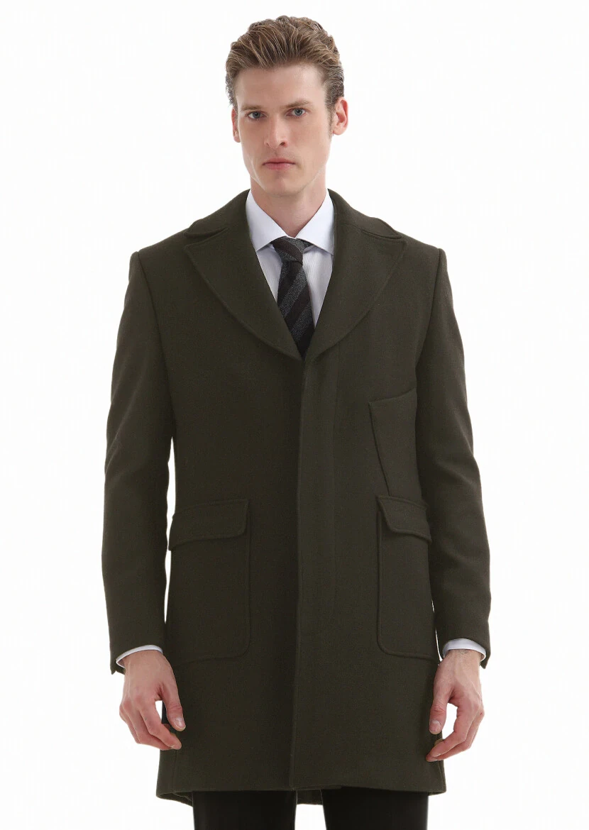 Haki Regular Fit Kruvaze Yaka Casual Dokuma Palto 