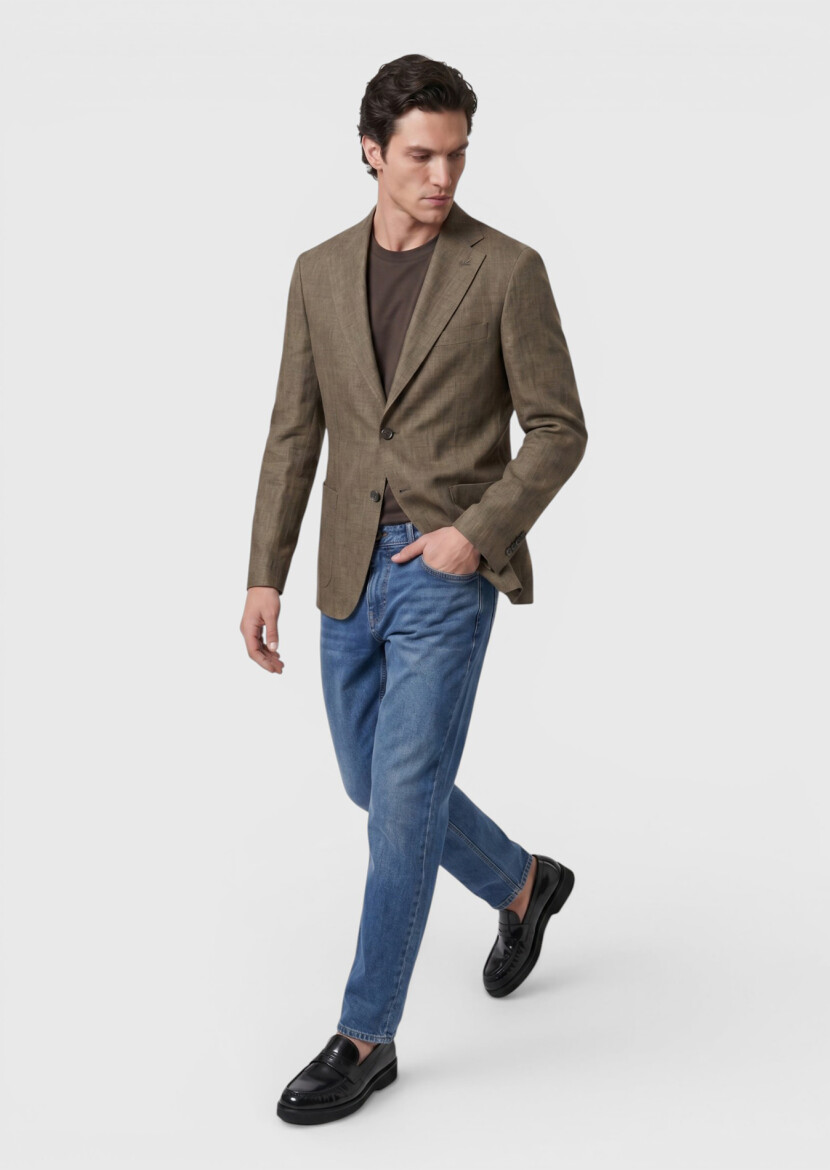 Haki Shirt Shoulder Slim Fit %100 Keten Ceket 