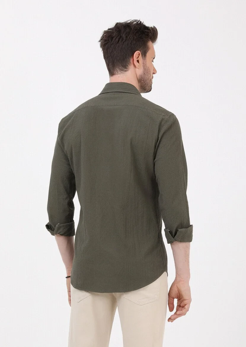 Haki Slim Fit Dokuma Casual Pamuk Karışımlı Gömlek - 6