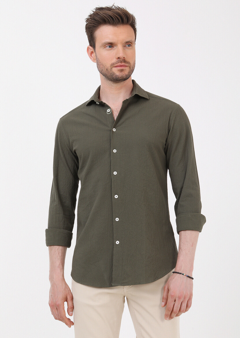 Haki Slim Fit Uzun Dokuma Casual Pamuk Karışımlı Gömlek - 1