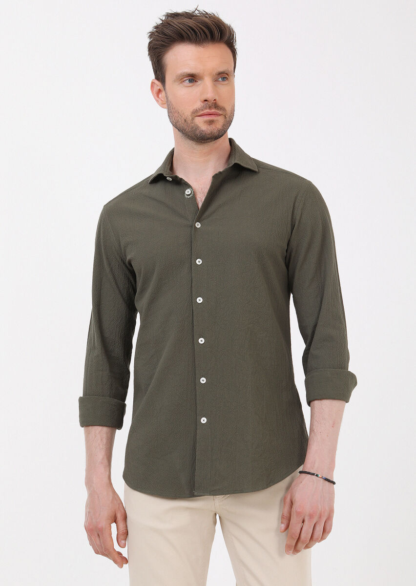 Haki Slim Fit Uzun Dokuma Casual Pamuk Karışımlı Gömlek - 1