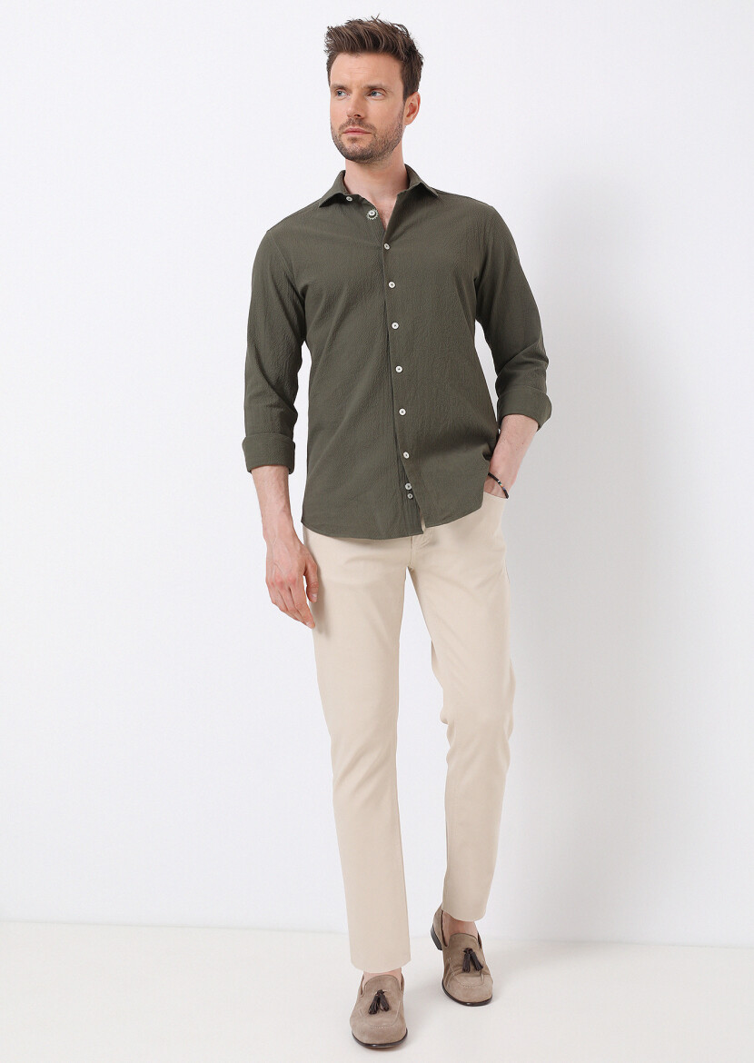 Haki Slim Fit Uzun Dokuma Casual Pamuk Karışımlı Gömlek - 3