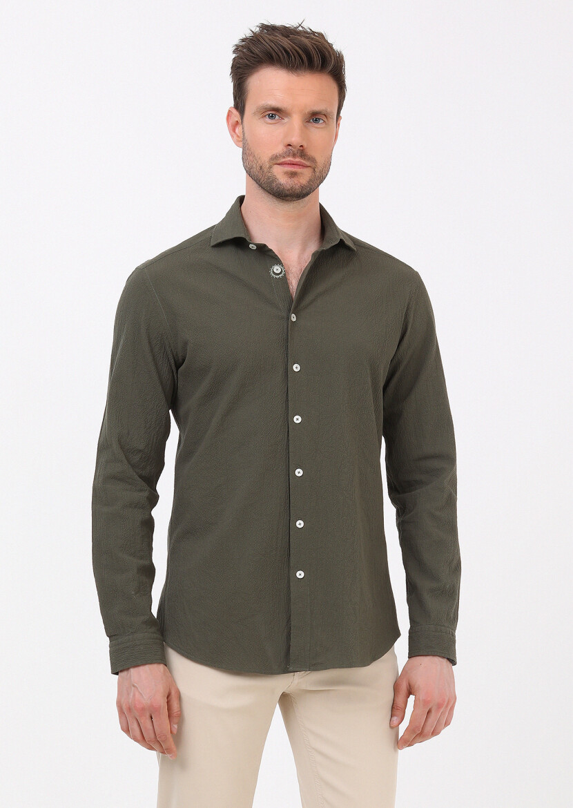 Haki Slim Fit Uzun Dokuma Casual Pamuk Karışımlı Gömlek - 4