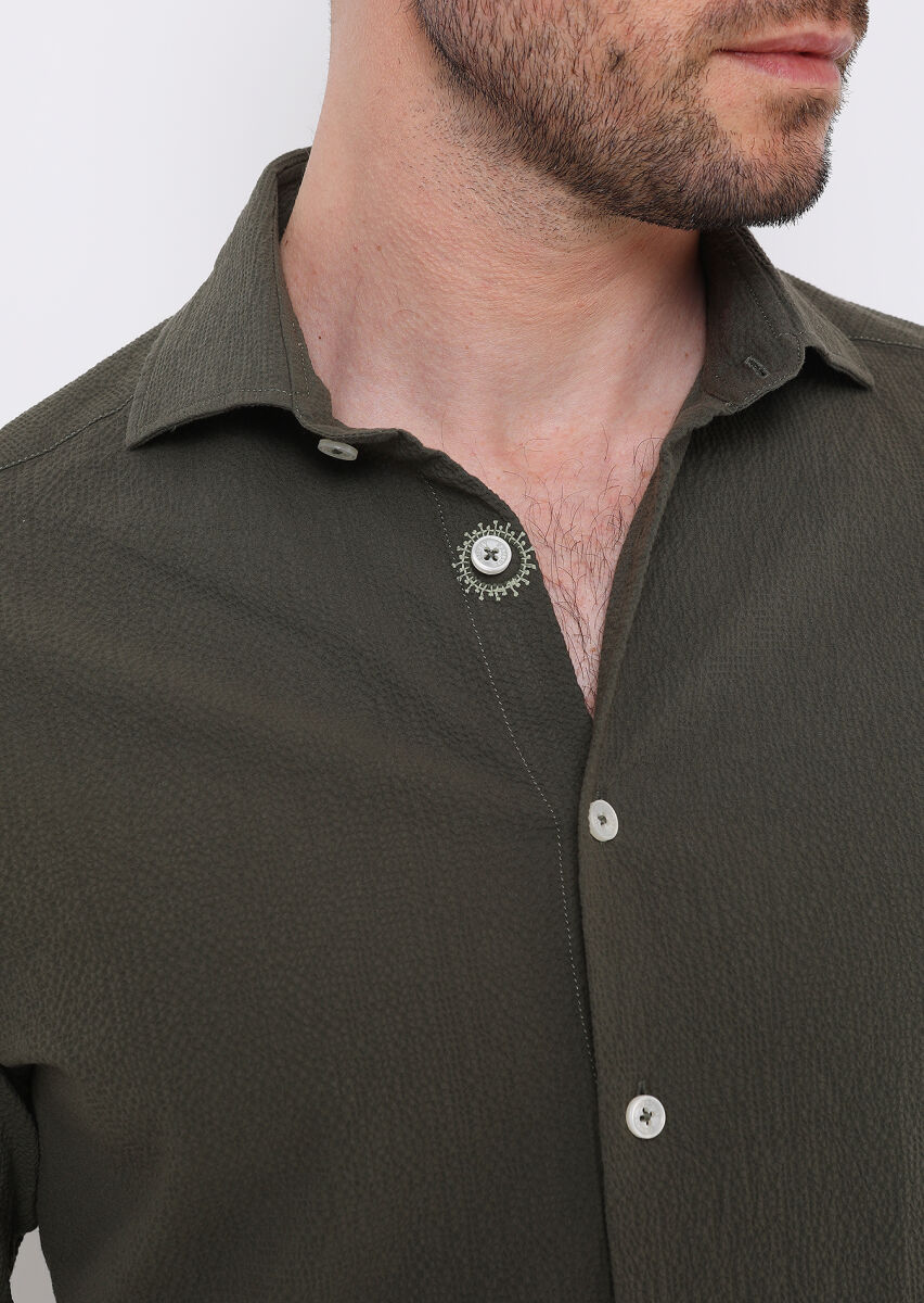 Haki Slim Fit Uzun Dokuma Casual Pamuk Karışımlı Gömlek - 5
