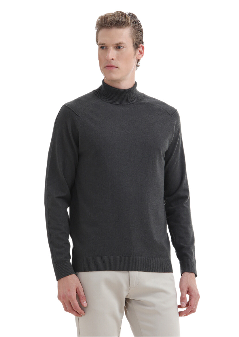 Haki Tam Balıkçı Yaka Düz Örgü Triko Kazak - RAMSEY