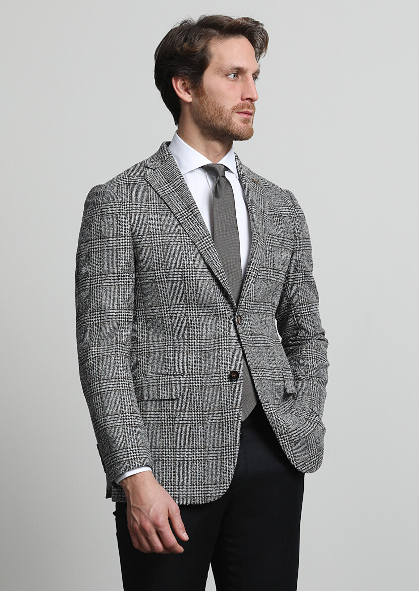 Hard Coal Checkered Regular Fit Wool Blended Jacket - 1