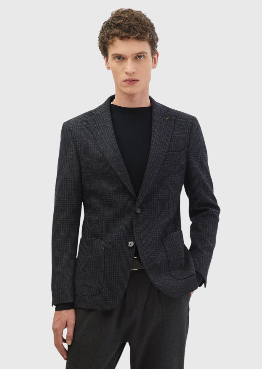 Hard Coal Checkered Zeroweight Slim Fit Wool Blended Jacket - 1