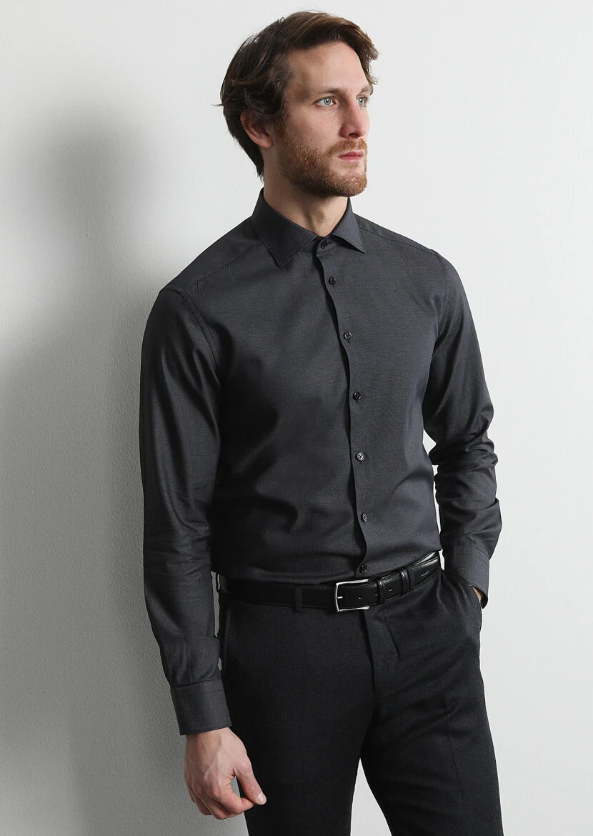 Hard Coal Micro Regular Fit Weaving Classical 100% Cotton Shirt - 1