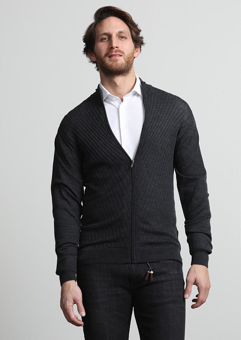 Hard Coal Mock-Turtleneck Jacquard 100% Wool Cardigan - 1