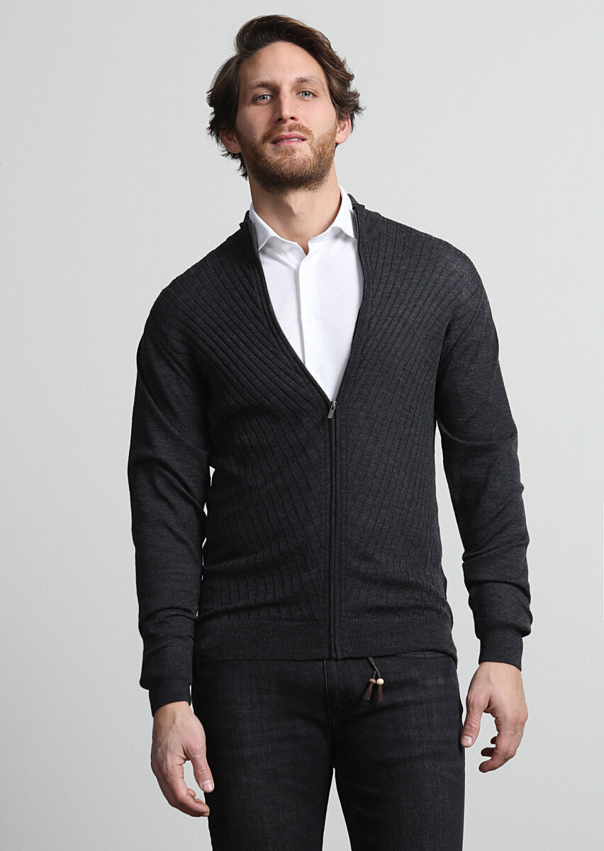 Hard Coal Mock-Turtleneck Jacquard 100% Wool Cardigan - 1
