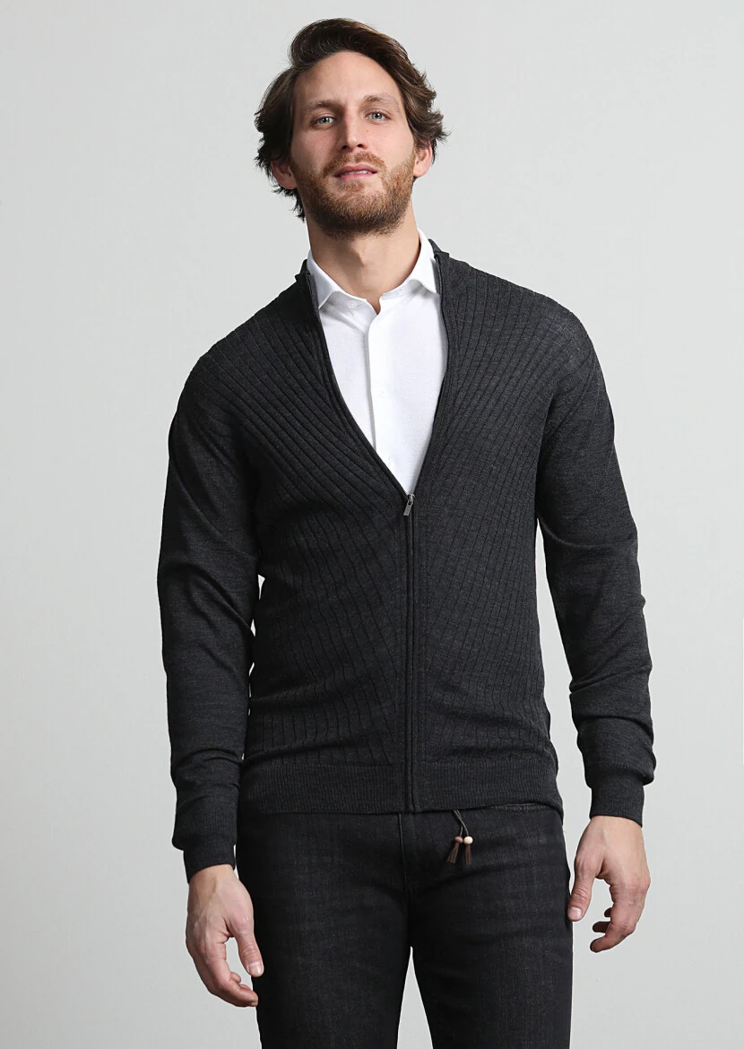 Hard Coal Mock-Turtleneck Jacquard 100% Wool Cardigan - 1