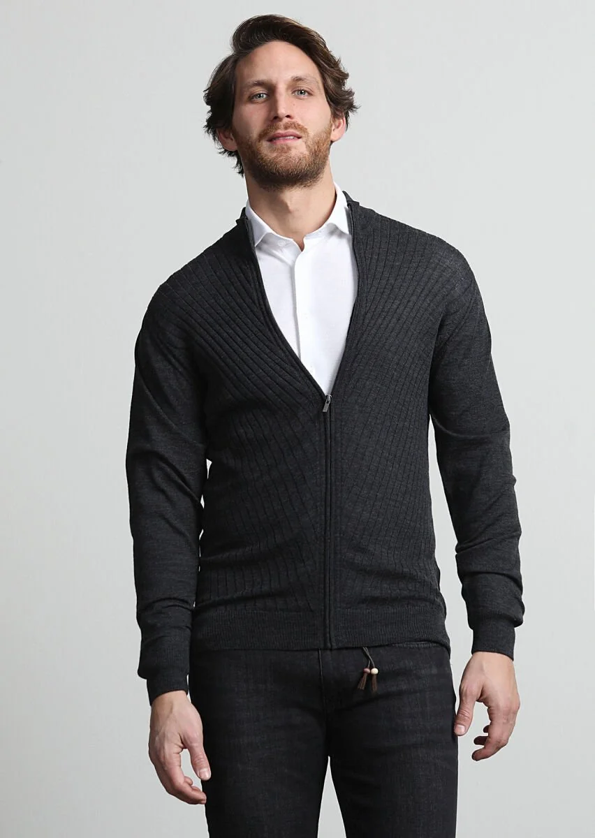 Hard Coal Mock-Turtleneck Jacquard 100% Wool Cardigan - 1